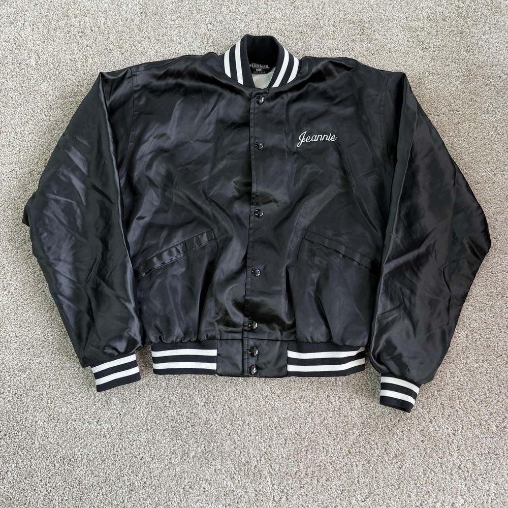 Vintage Windless Jacket Womens 2XL Black Satin Varsity Bomber Snap Lined Jeannie